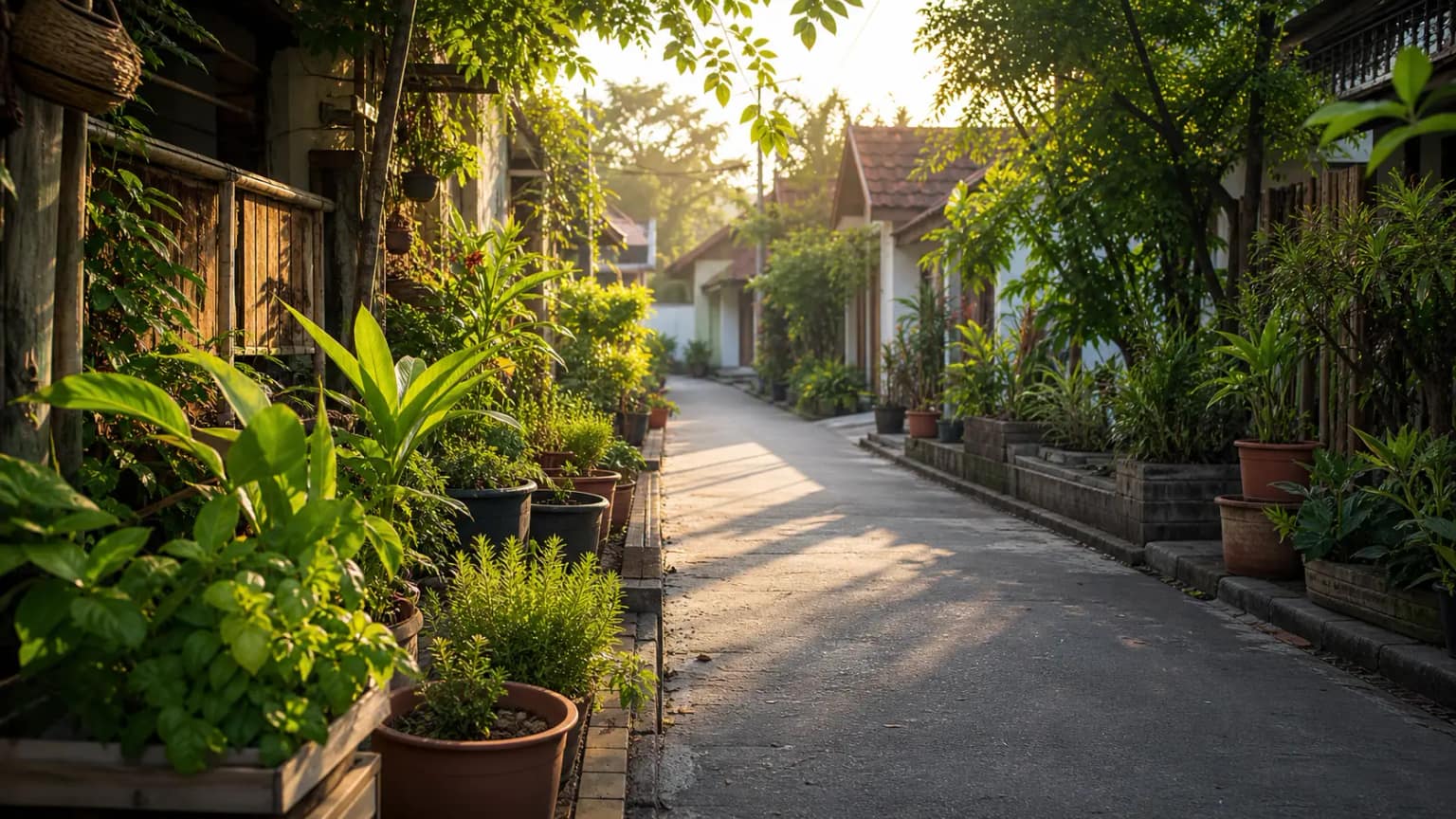 Lorong Kampung Herbal Berua dengan pot tanaman obat keluarga di pagi hari